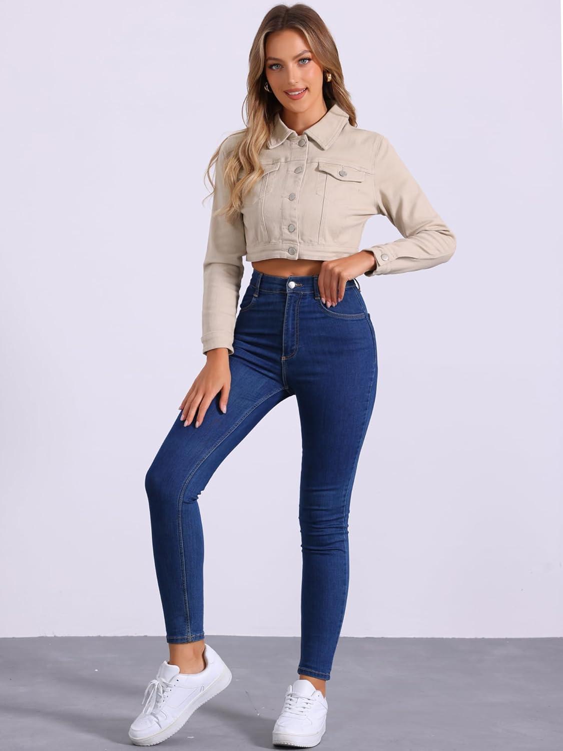 imageAllegra K Womens Denim Jackets 2025 Casual Button Down Long Sleeves Crop Jean JacketLight Khaki