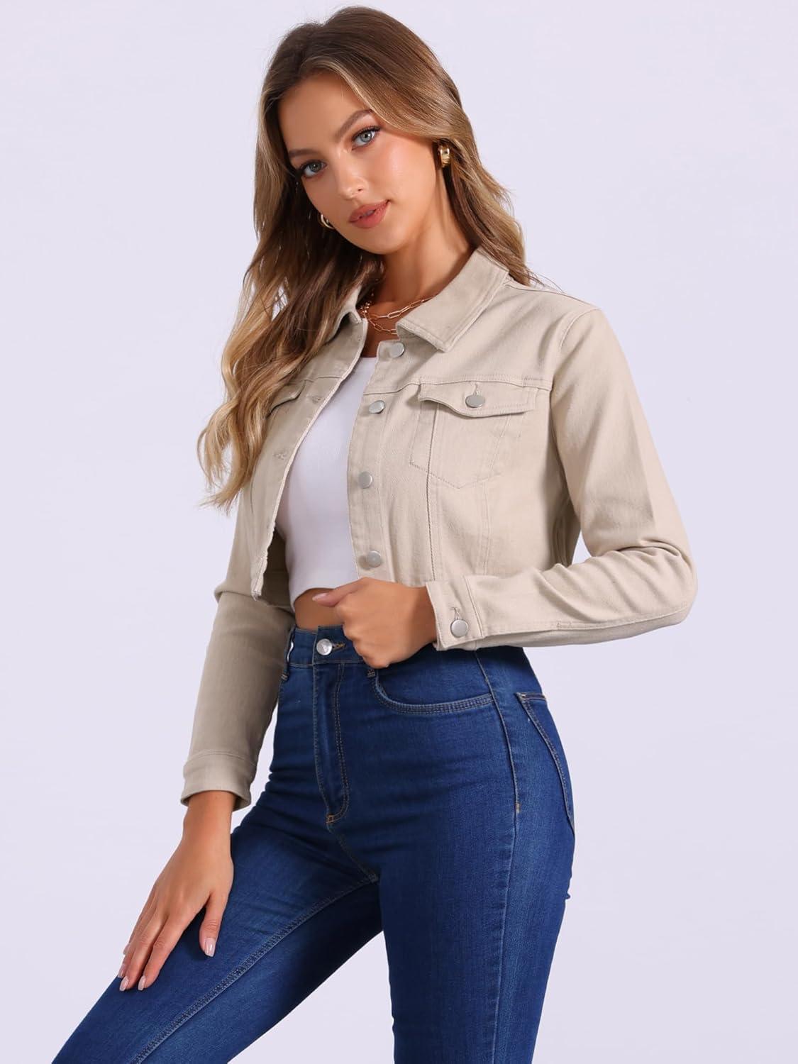 imageAllegra K Womens Denim Jackets 2025 Casual Button Down Long Sleeves Crop Jean JacketLight Khaki