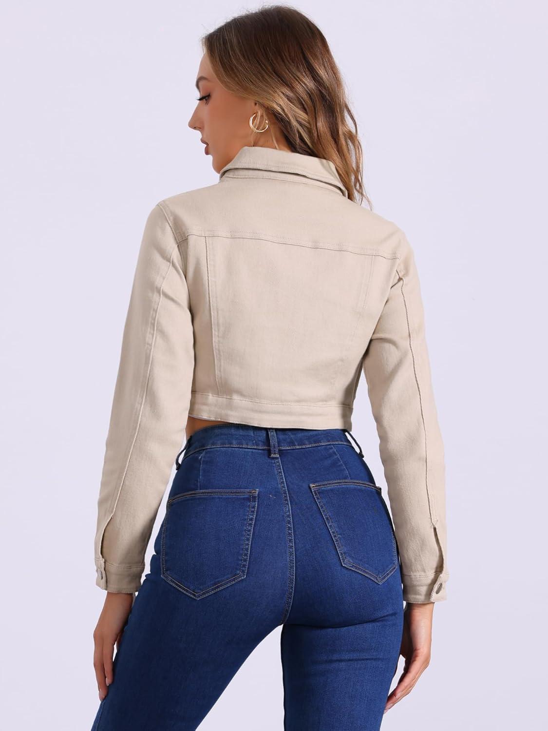imageAllegra K Womens Denim Jackets 2025 Casual Button Down Long Sleeves Crop Jean JacketLight Khaki
