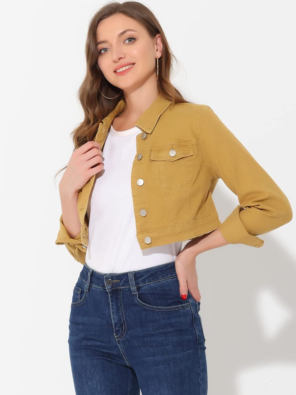 imageAllegra K Womens Denim Jackets 2025 Casual Button Down Long Sleeves Crop Jean JacketYellow