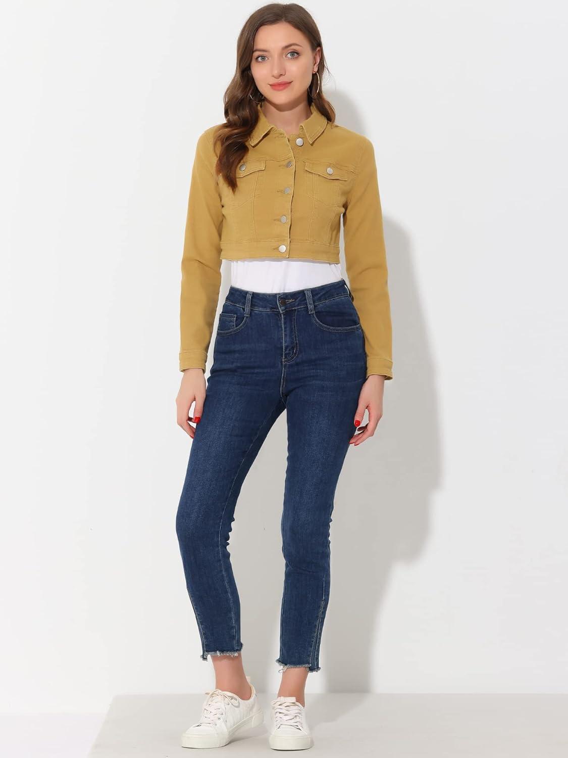imageAllegra K Womens Denim Jackets 2025 Casual Button Down Long Sleeves Crop Jean JacketYellow
