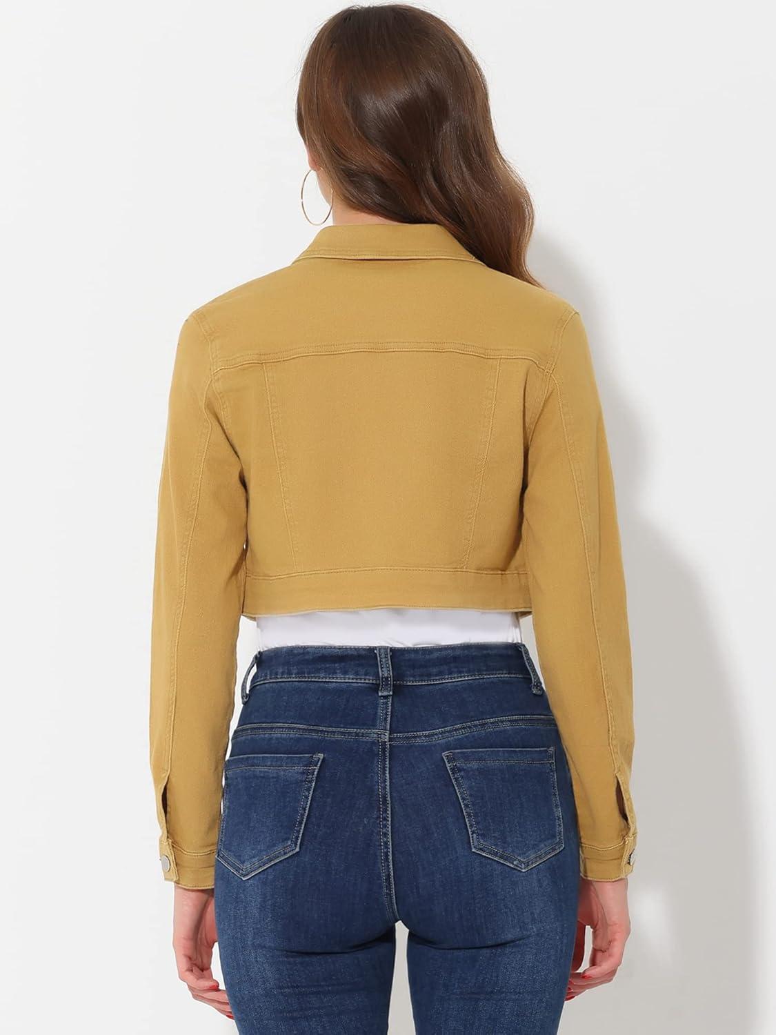 imageAllegra K Womens Denim Jackets 2025 Casual Button Down Long Sleeves Crop Jean JacketYellow