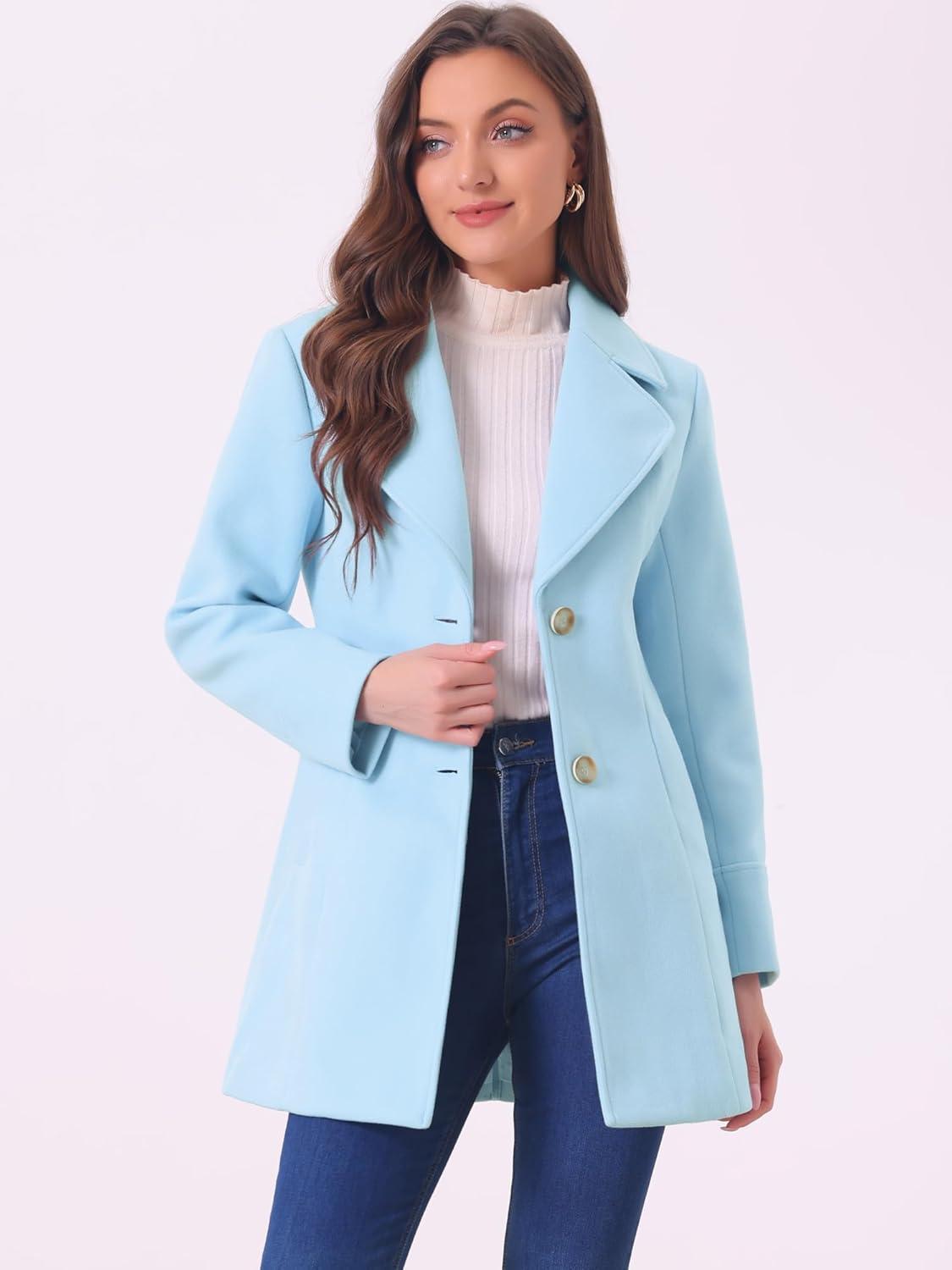 imageAllegra K Womens Elegant Overcoat Notched Shawl Collar Single Breasted Outerwear Winter Long CoatLight Blue