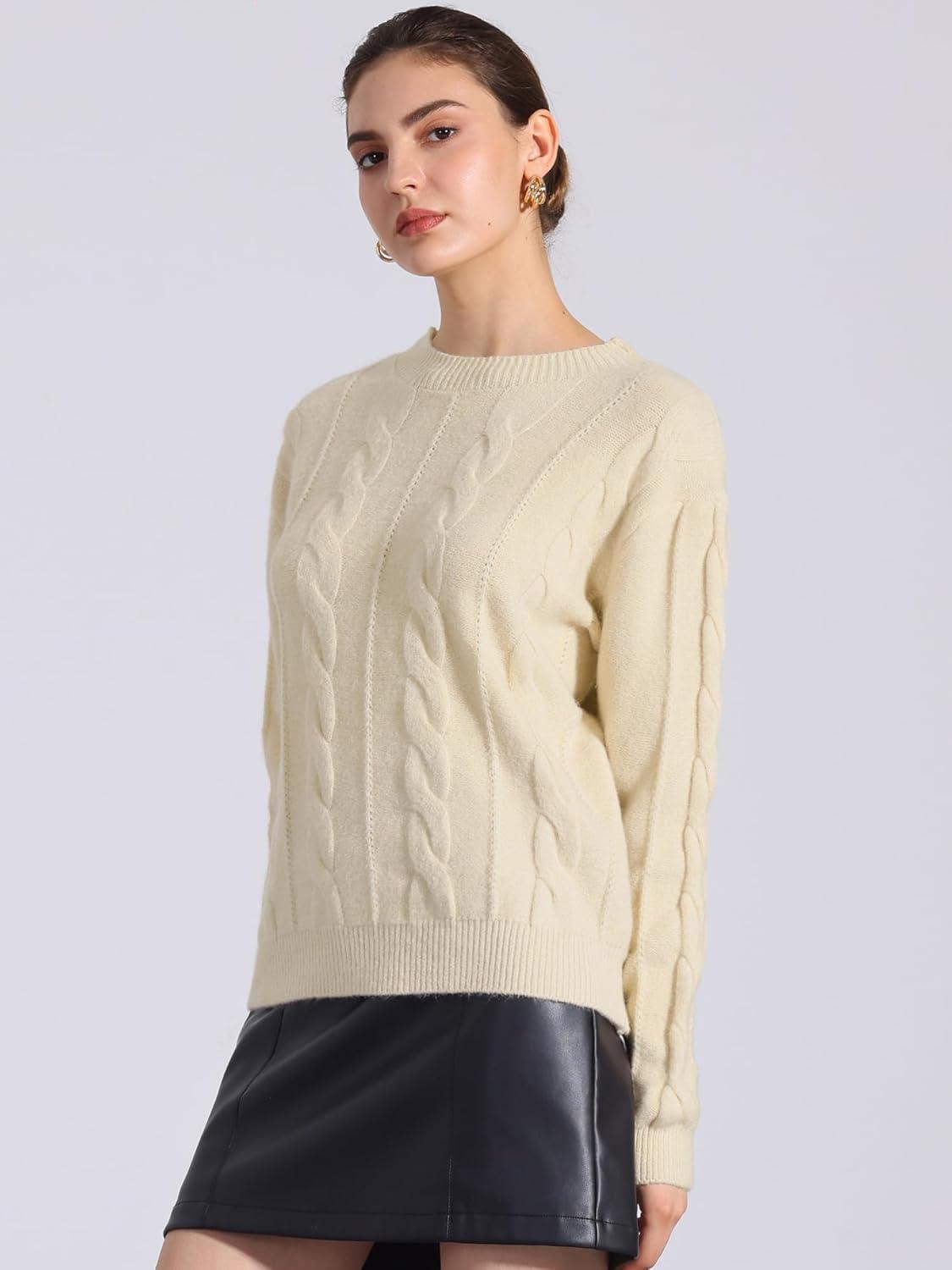 imageAllegra K Womens Long Sleeve Pullover Tops Cable Knit Crew Neck SweaterBeige