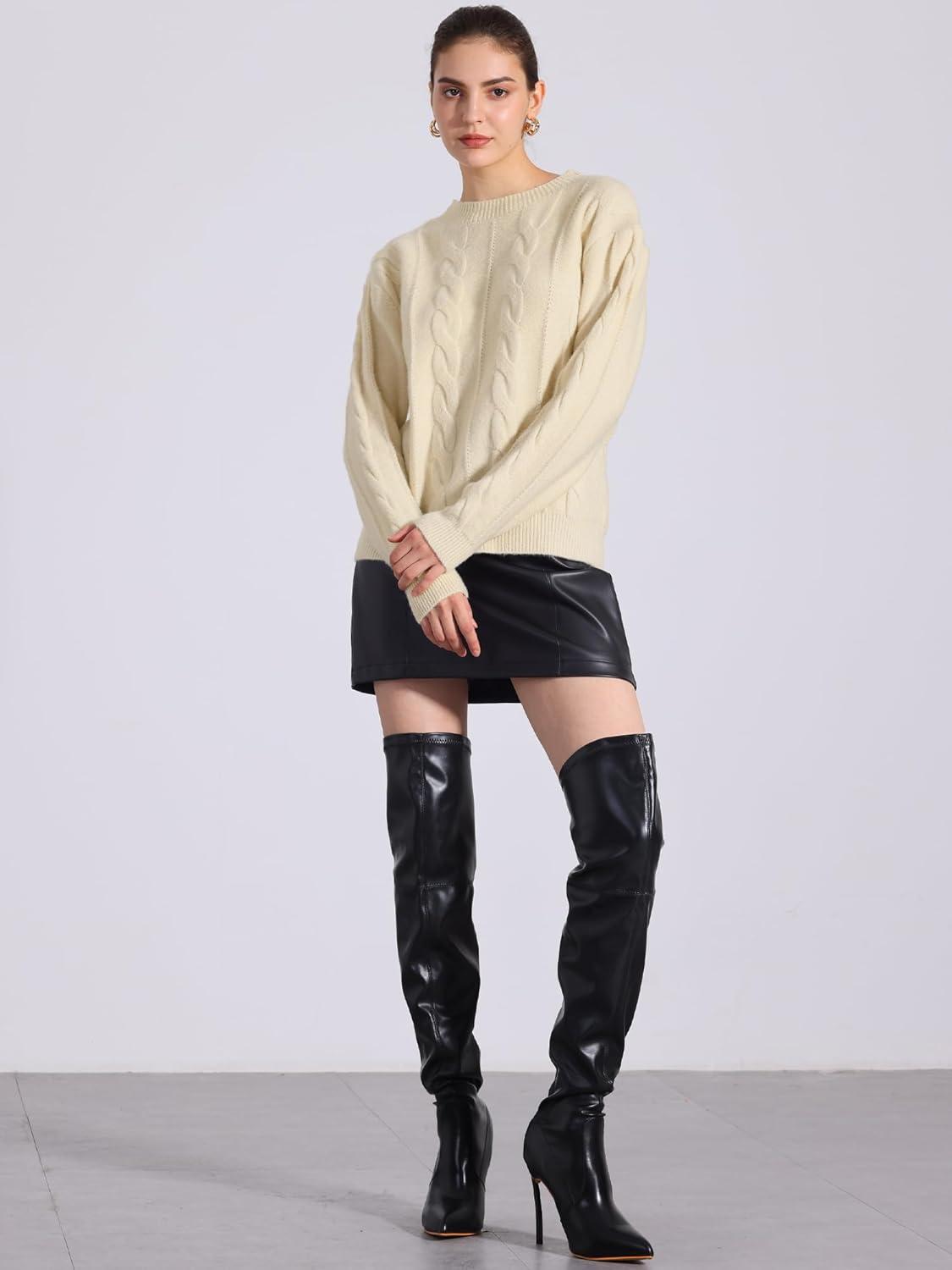imageAllegra K Womens Long Sleeve Pullover Tops Cable Knit Crew Neck SweaterBeige