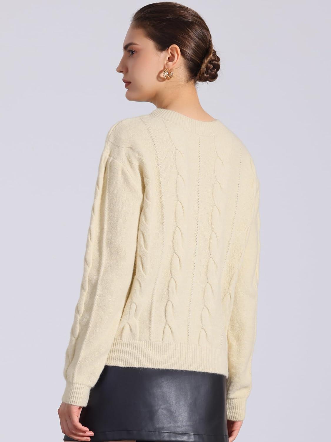 imageAllegra K Womens Long Sleeve Pullover Tops Cable Knit Crew Neck SweaterBeige