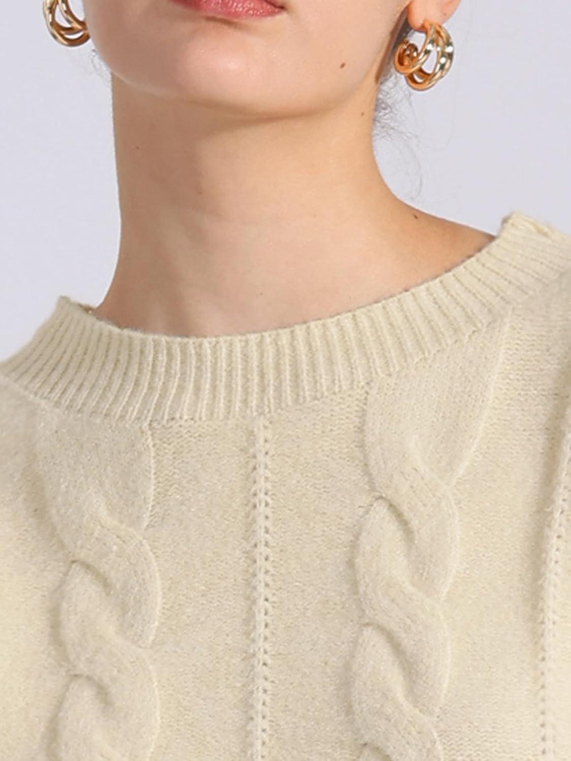 imageAllegra K Womens Long Sleeve Pullover Tops Cable Knit Crew Neck SweaterBeige