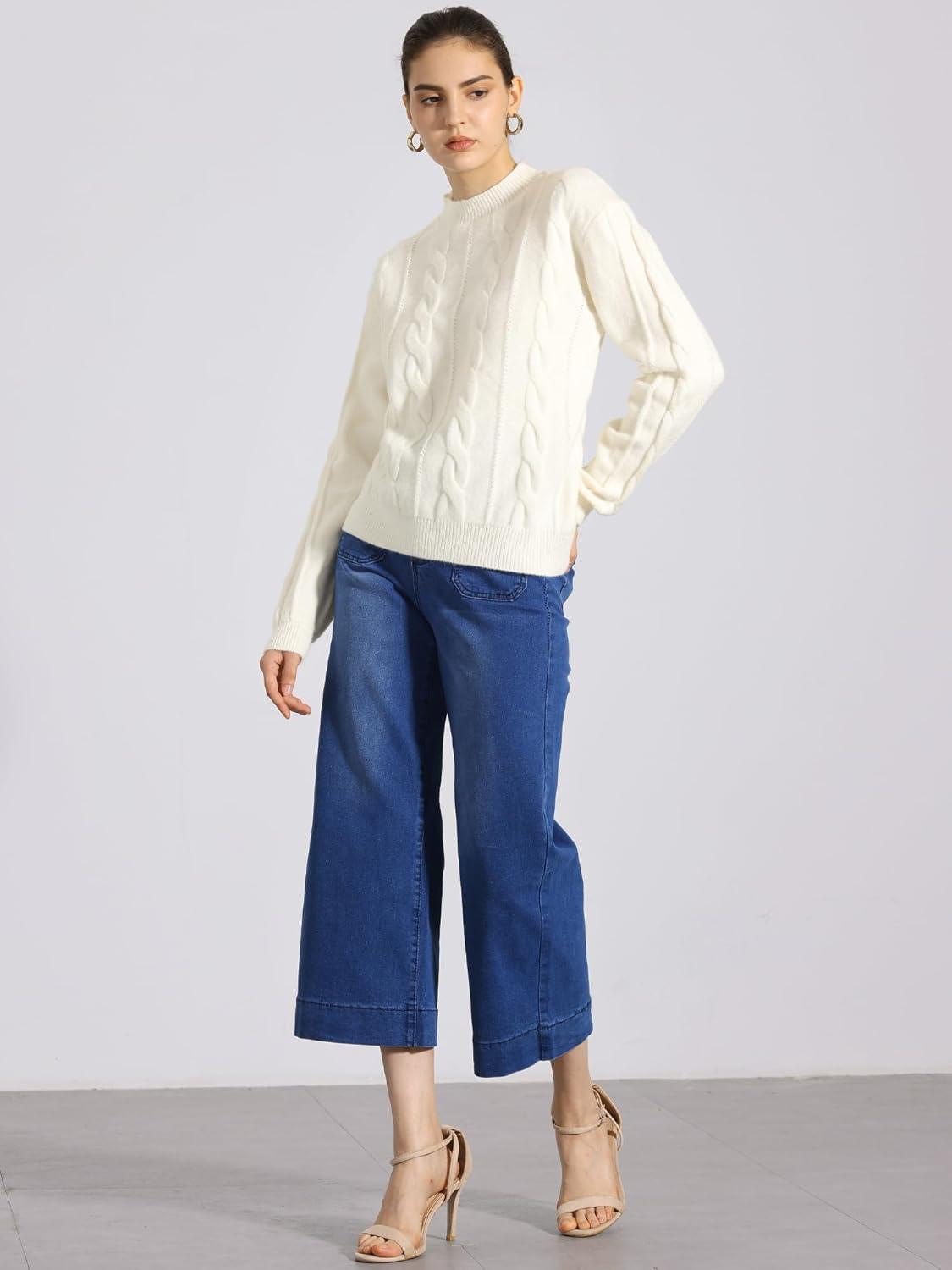 imageAllegra K Womens Long Sleeve Pullover Tops Cable Knit Crew Neck SweaterWhite