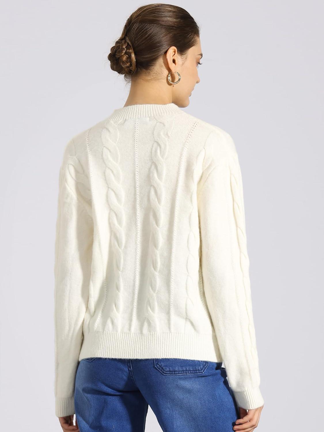 imageAllegra K Womens Long Sleeve Pullover Tops Cable Knit Crew Neck SweaterWhite