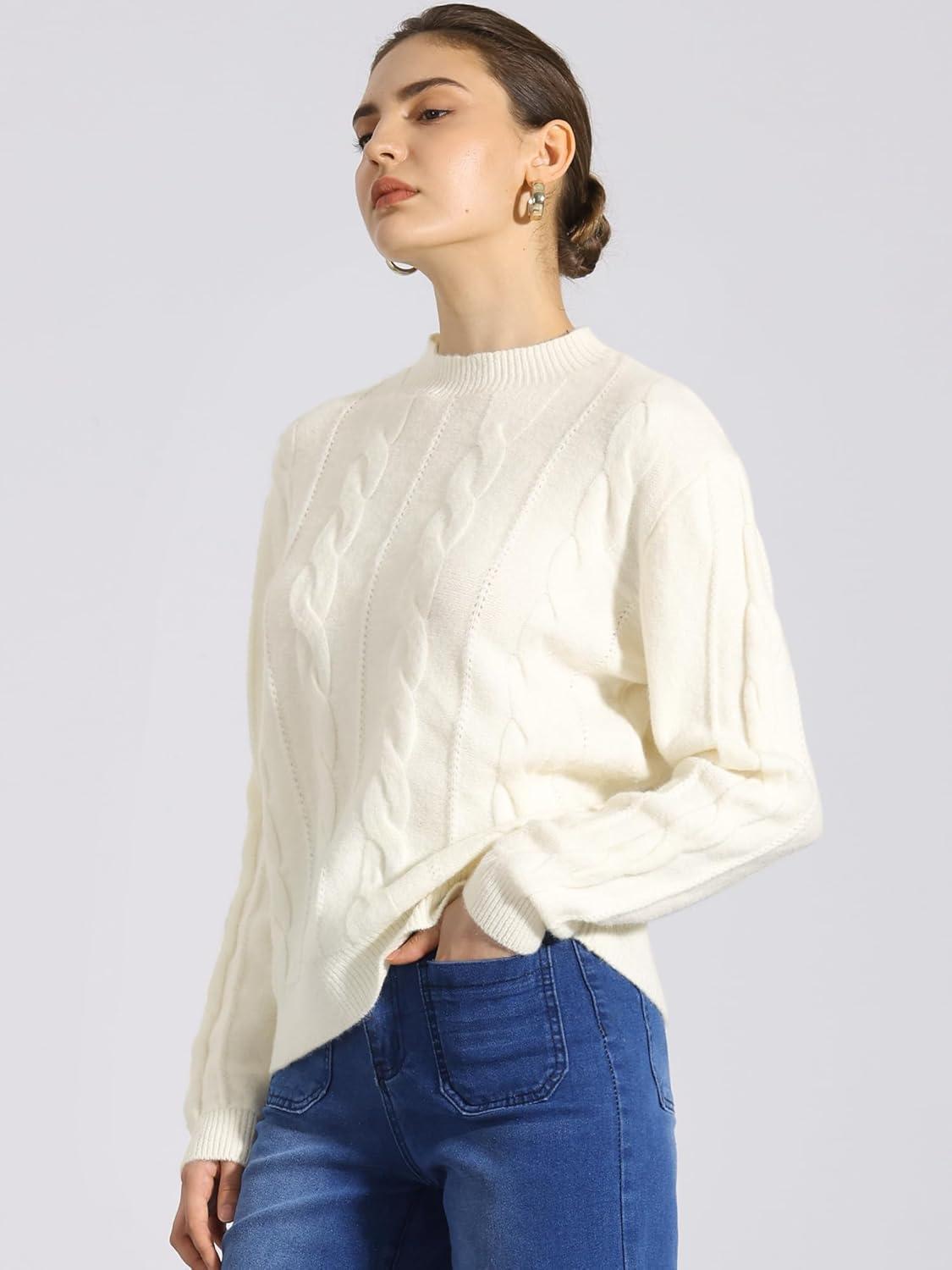 imageAllegra K Womens Long Sleeve Pullover Tops Cable Knit Crew Neck SweaterWhite