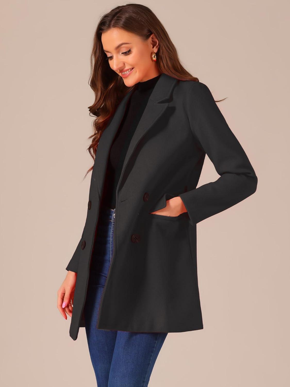 imageAllegra K Womens Notch Lapel Double Breasted Belted Mid Long Outwear Winter CoatBlack