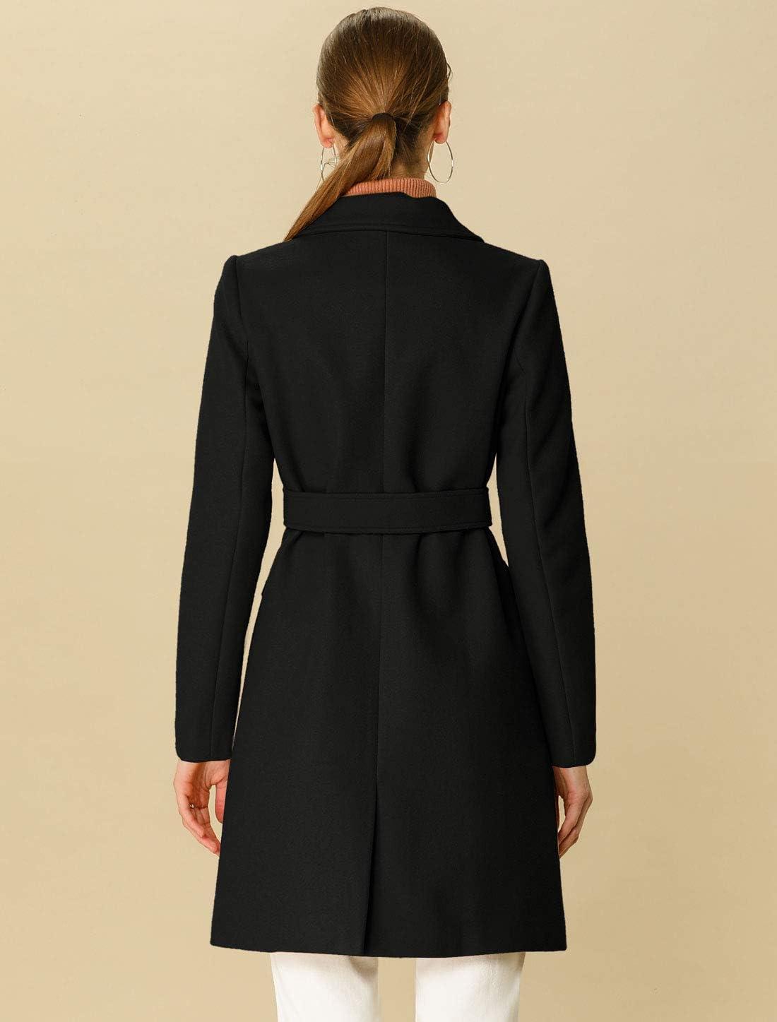 imageAllegra K Womens Notch Lapel Double Breasted Belted Mid Long Outwear Winter CoatBlack