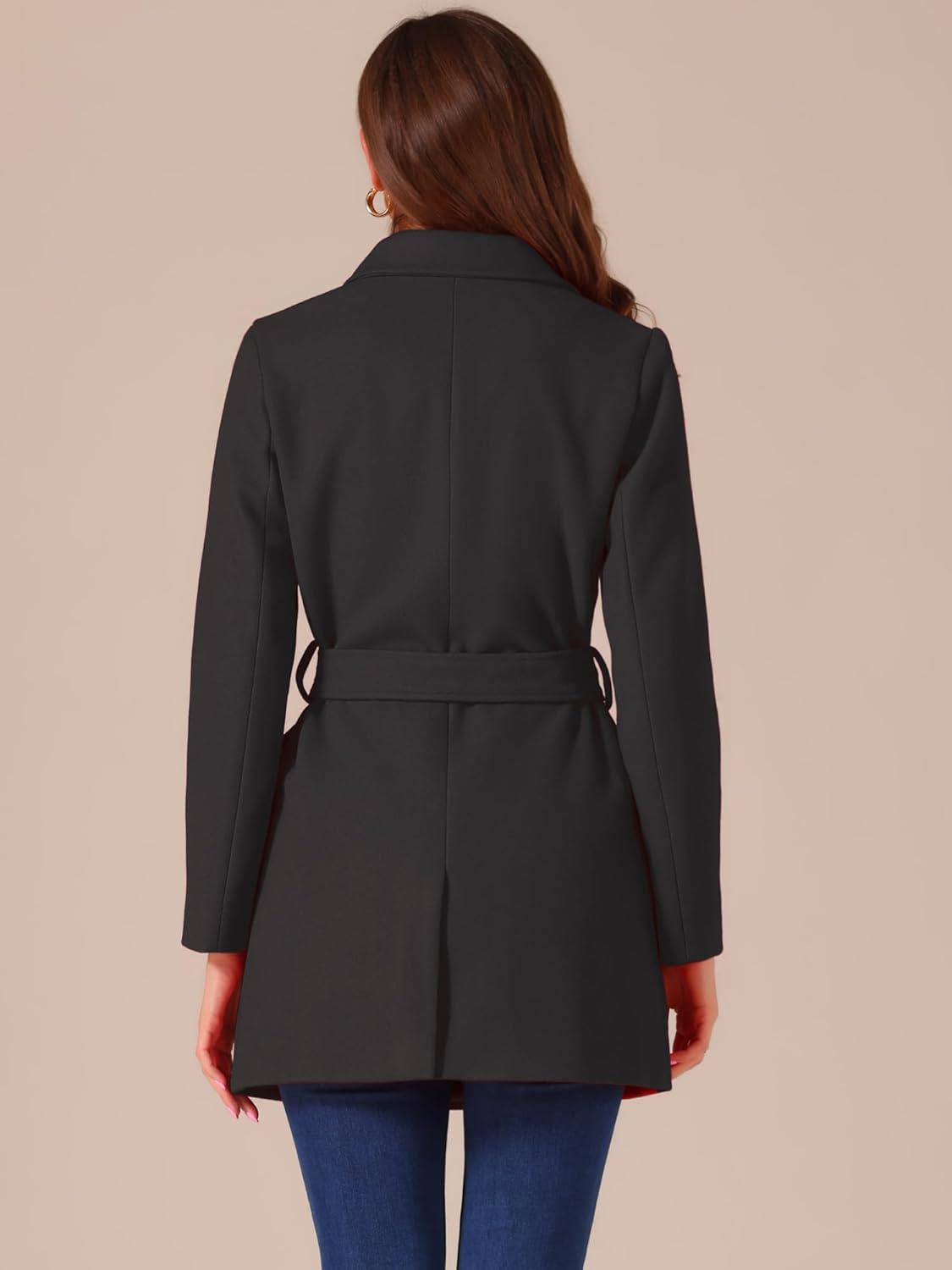 imageAllegra K Womens Notch Lapel Double Breasted Belted Mid Long Outwear Winter CoatBlack