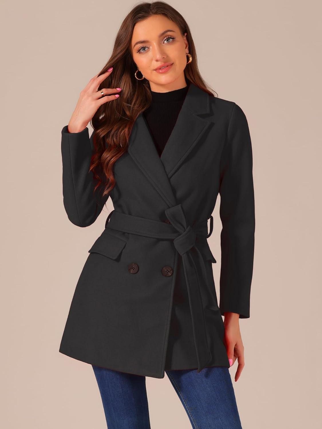 imageAllegra K Womens Notch Lapel Double Breasted Belted Mid Long Outwear Winter CoatBlack