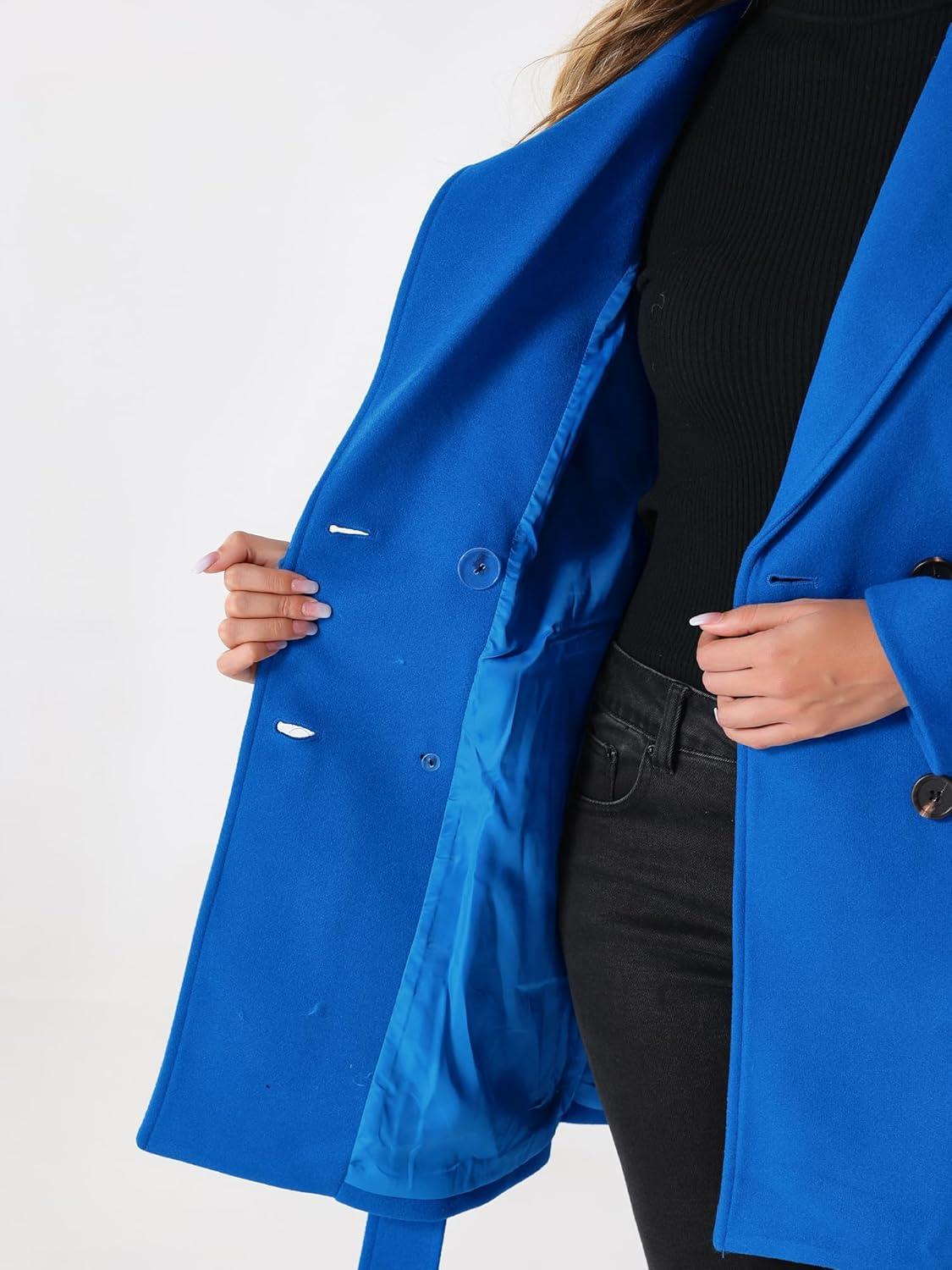 imageAllegra K Womens Notch Lapel Double Breasted Belted Mid Long Outwear Winter CoatBlue