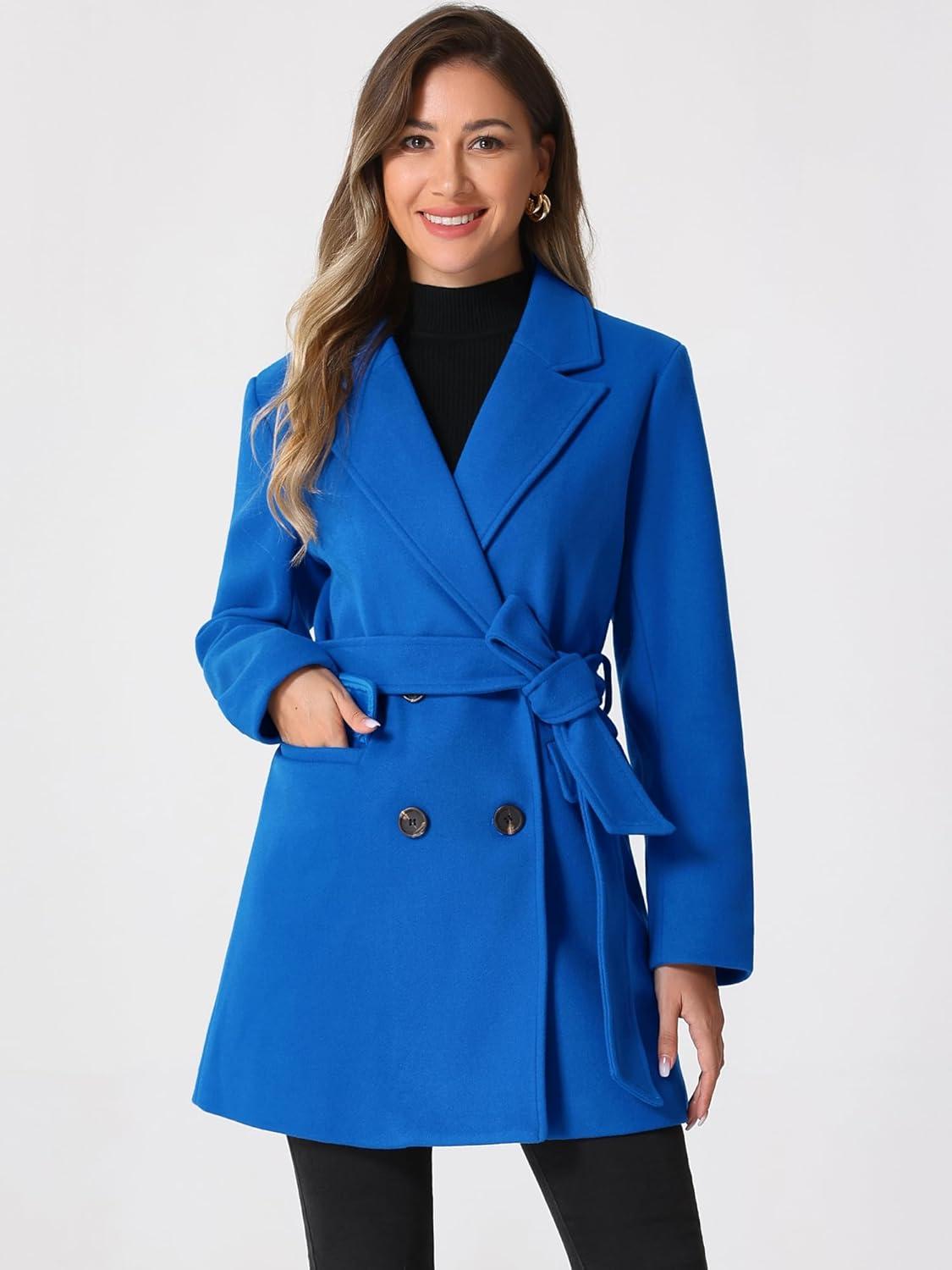 imageAllegra K Womens Notch Lapel Double Breasted Belted Mid Long Outwear Winter CoatBlue