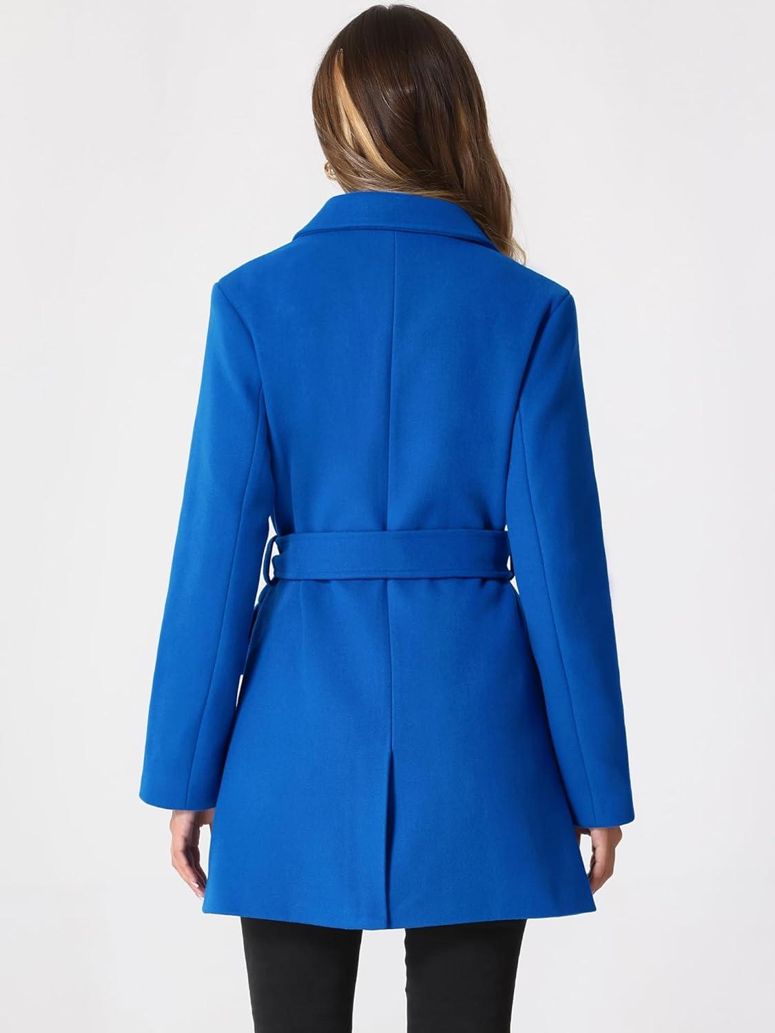 imageAllegra K Womens Notch Lapel Double Breasted Belted Mid Long Outwear Winter CoatBlue