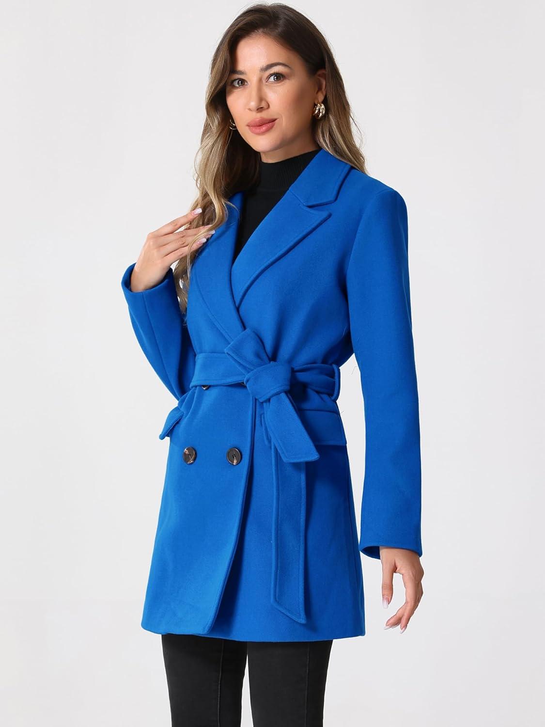 imageAllegra K Womens Notch Lapel Double Breasted Belted Mid Long Outwear Winter CoatBlue