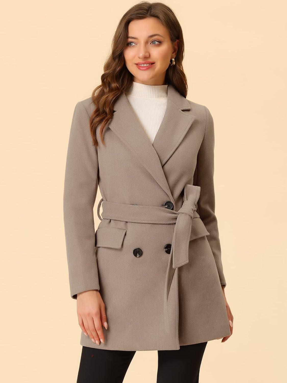 imageAllegra K Womens Notch Lapel Double Breasted Belted Mid Long Outwear Winter CoatBrown