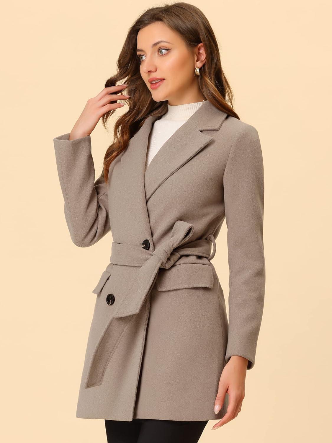 imageAllegra K Womens Notch Lapel Double Breasted Belted Mid Long Outwear Winter CoatBrown