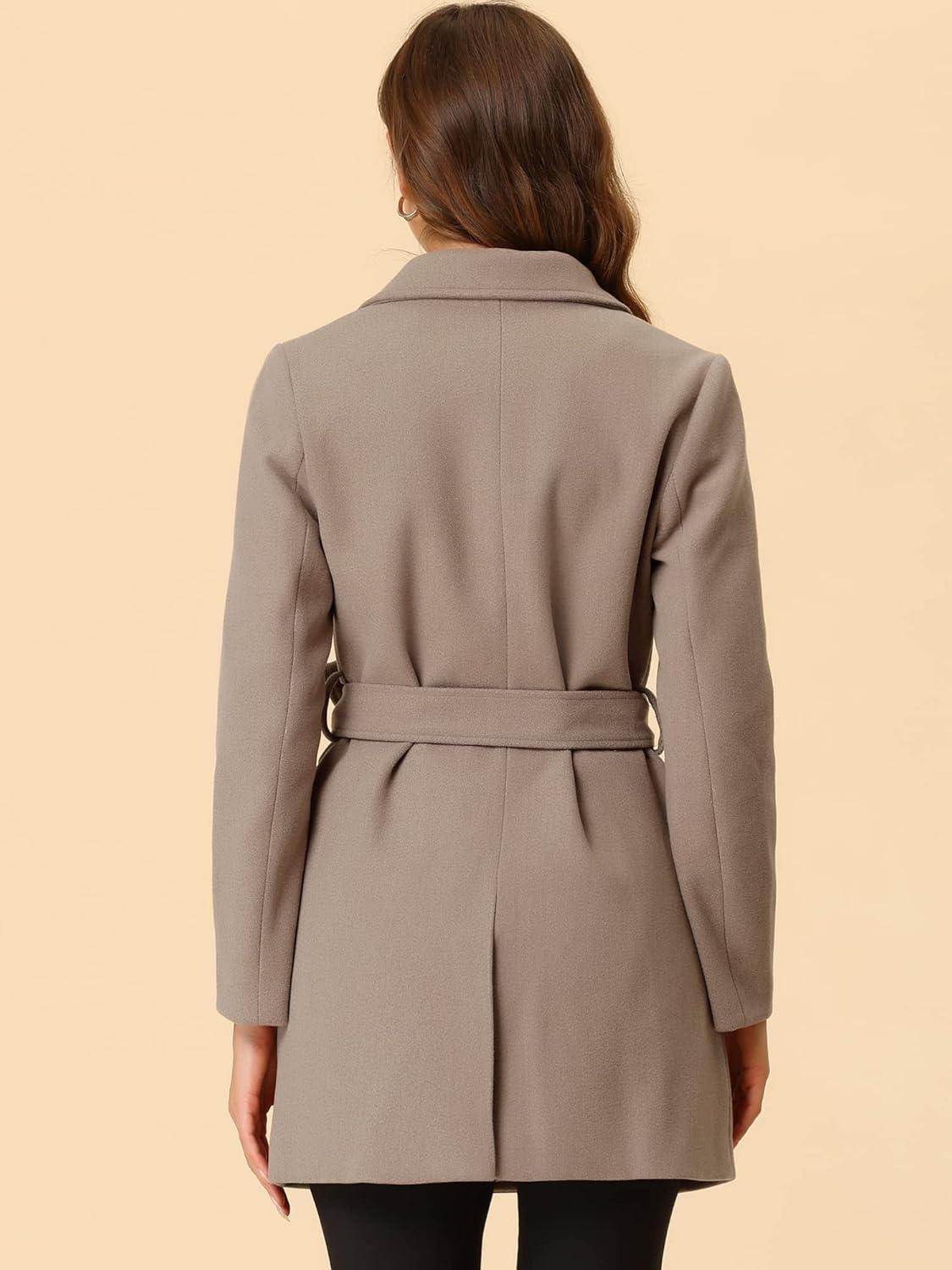 imageAllegra K Womens Notch Lapel Double Breasted Belted Mid Long Outwear Winter CoatBrown