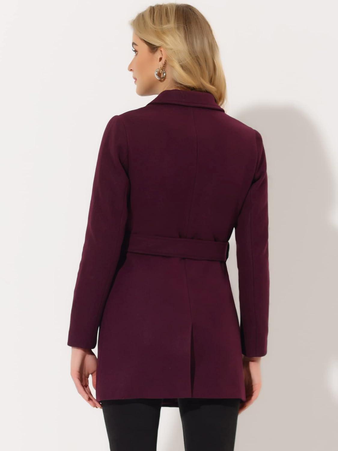 imageAllegra K Womens Notch Lapel Double Breasted Belted Mid Long Outwear Winter CoatBurgundy