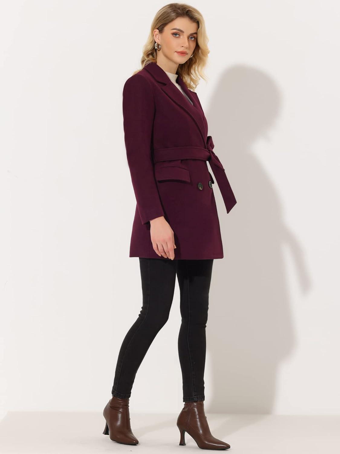 imageAllegra K Womens Notch Lapel Double Breasted Belted Mid Long Outwear Winter CoatBurgundy