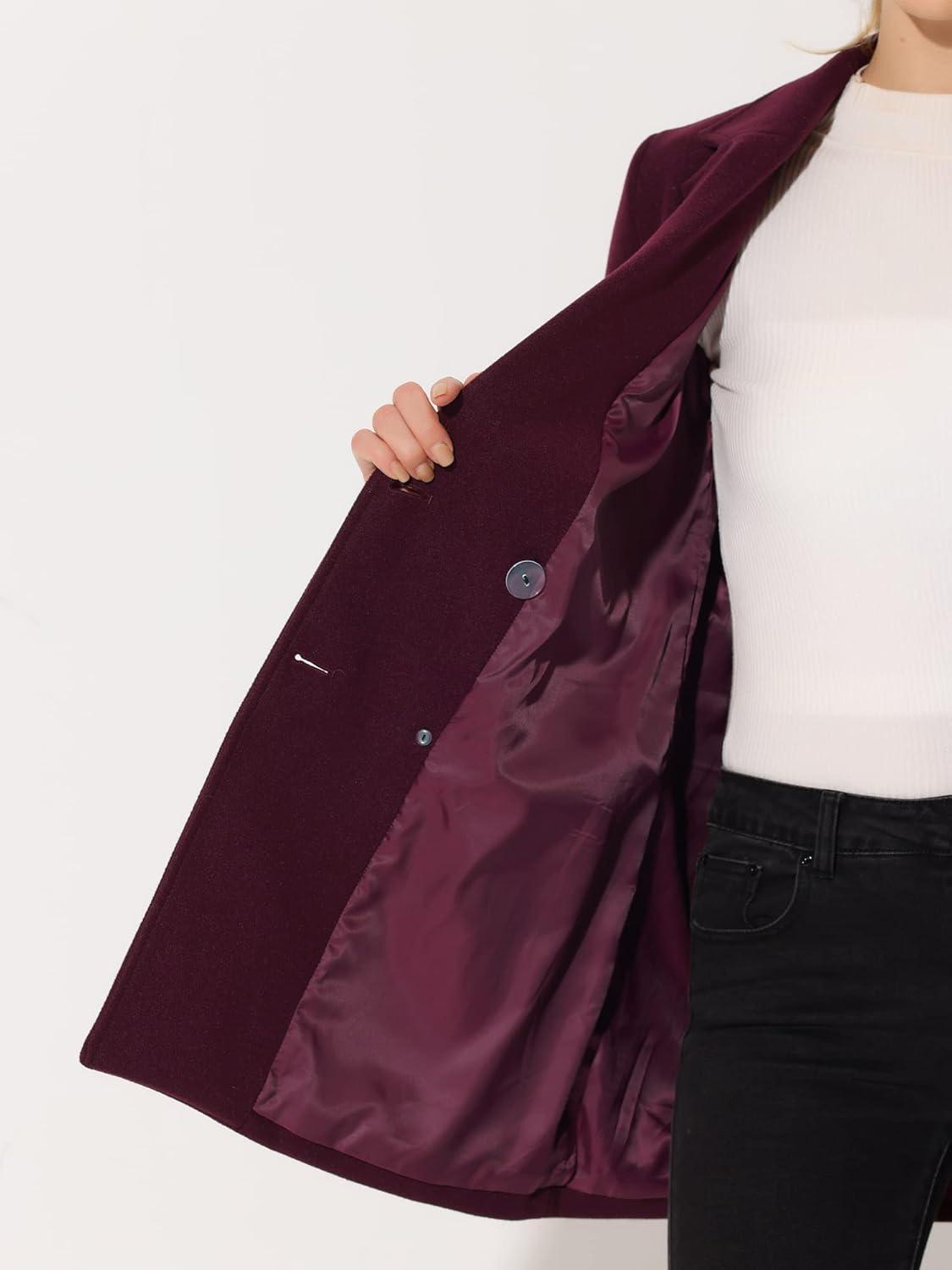 imageAllegra K Womens Notch Lapel Double Breasted Belted Mid Long Outwear Winter CoatBurgundy