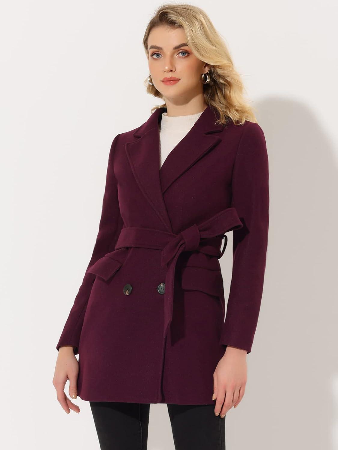 imageAllegra K Womens Notch Lapel Double Breasted Belted Mid Long Outwear Winter CoatBurgundy