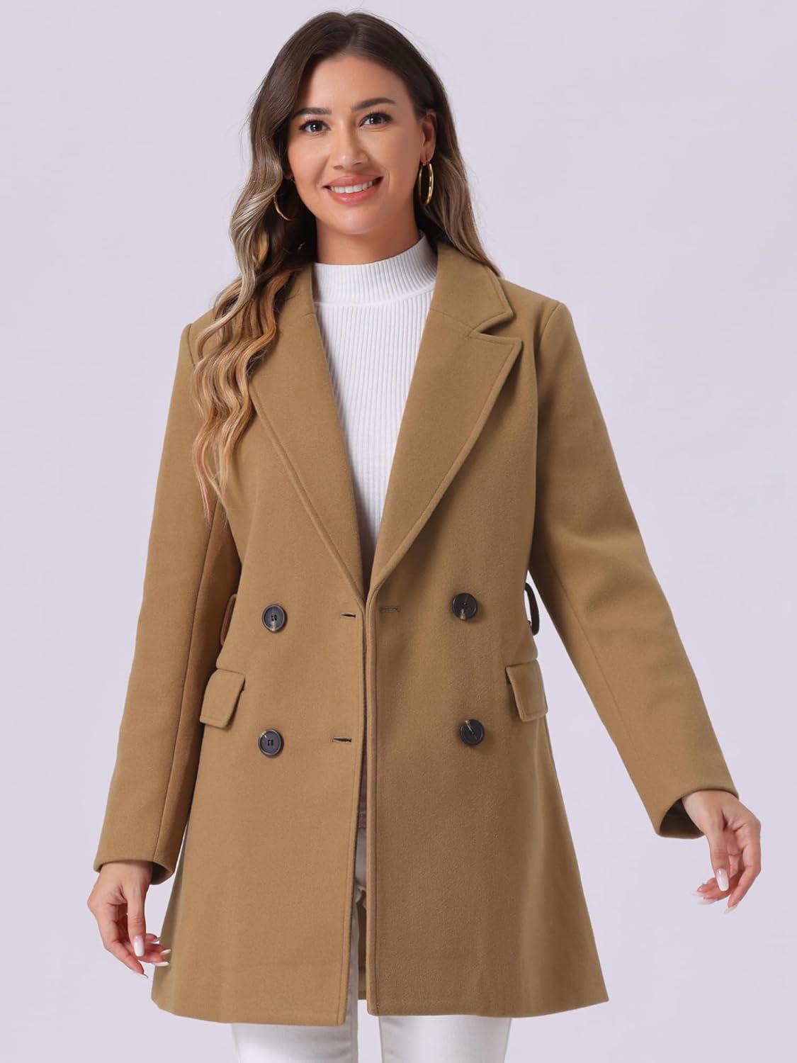 imageAllegra K Womens Notch Lapel Double Breasted Belted Mid Long Outwear Winter CoatCamel