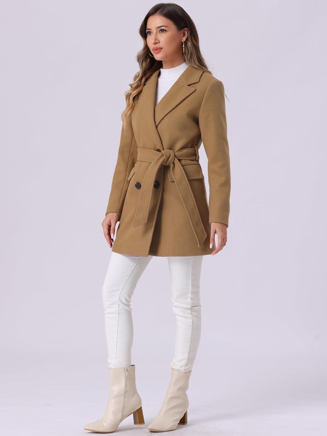 imageAllegra K Womens Notch Lapel Double Breasted Belted Mid Long Outwear Winter CoatCamel