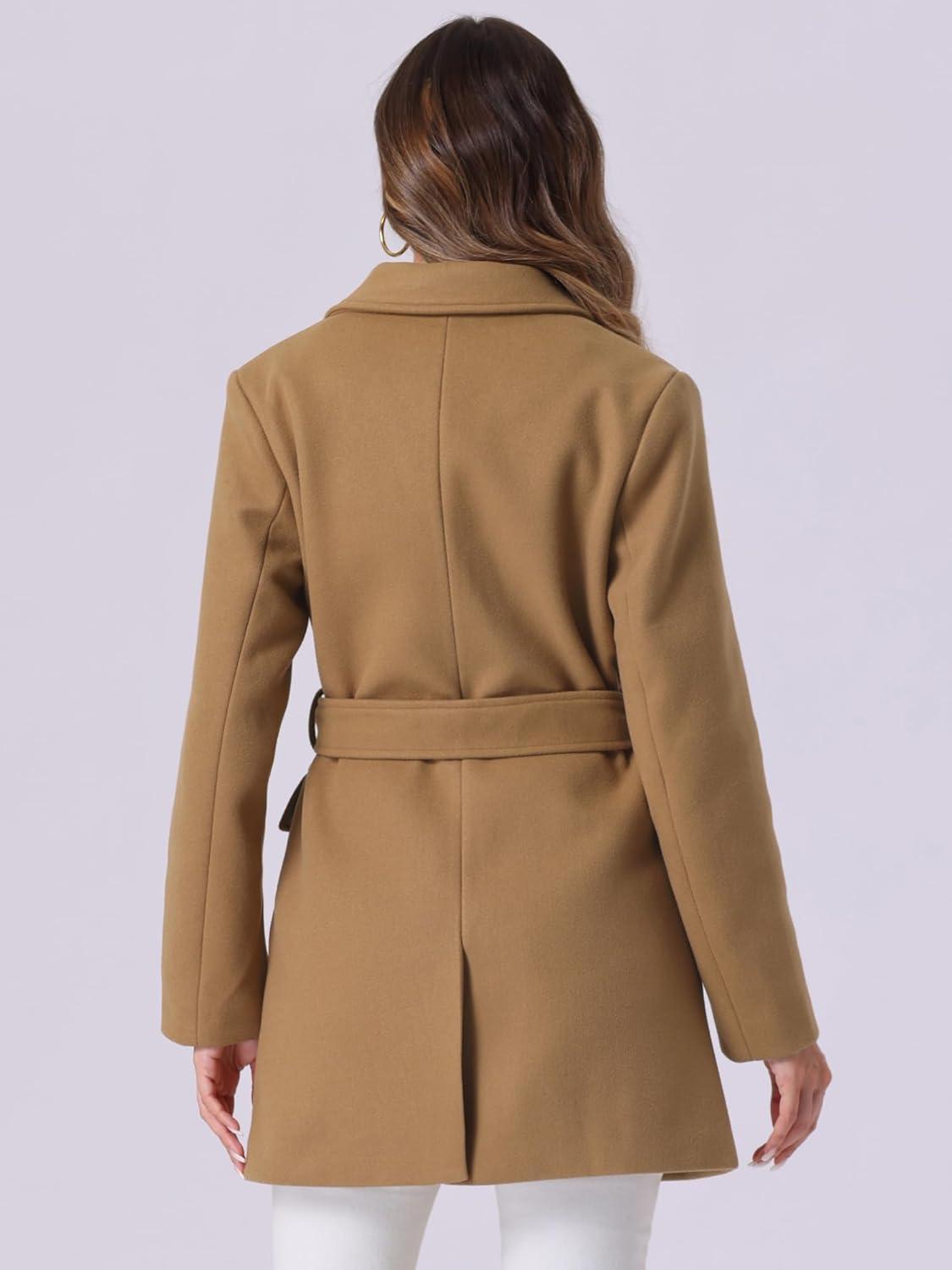 imageAllegra K Womens Notch Lapel Double Breasted Belted Mid Long Outwear Winter CoatCamel