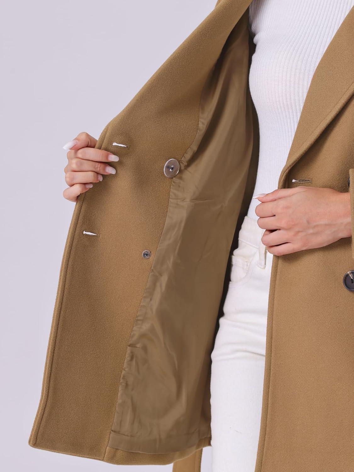 imageAllegra K Womens Notch Lapel Double Breasted Belted Mid Long Outwear Winter CoatCamel