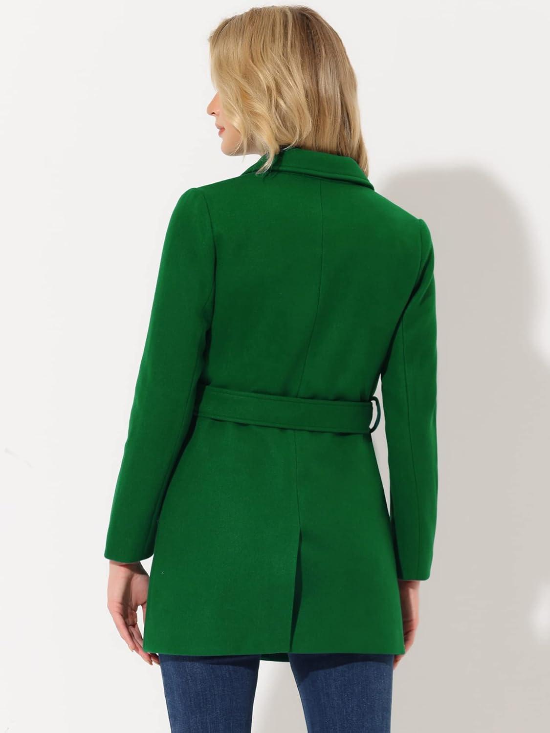 imageAllegra K Womens Notch Lapel Double Breasted Belted Mid Long Outwear Winter CoatDark Green