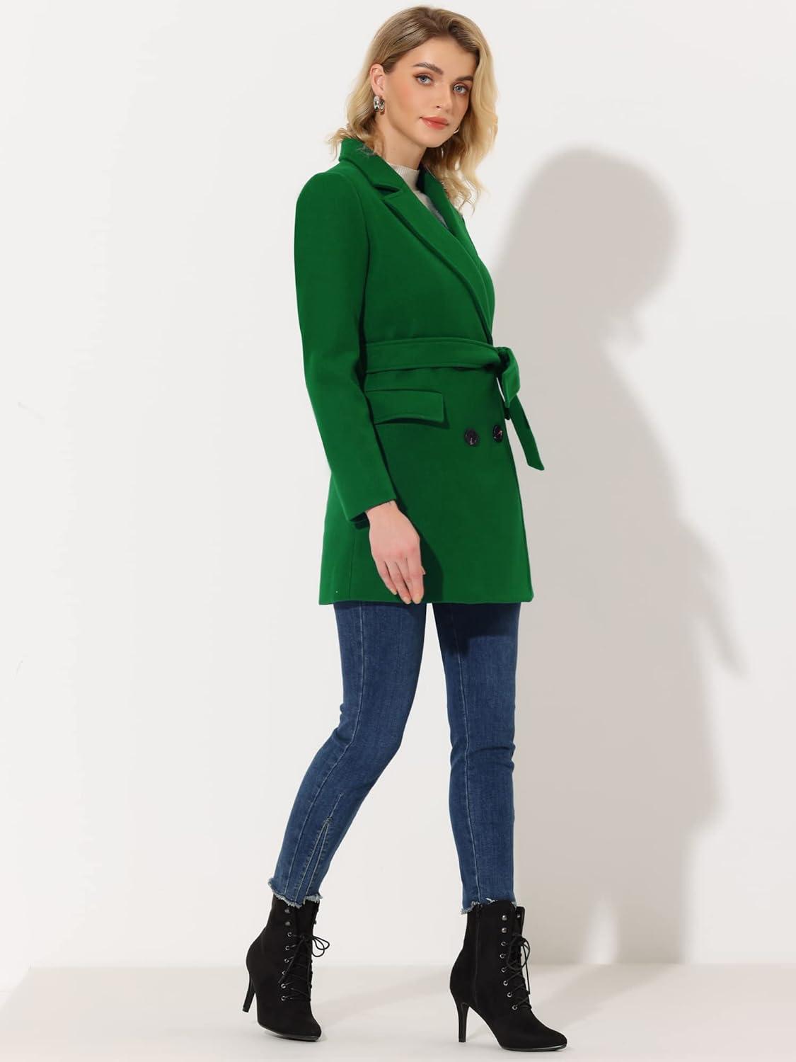imageAllegra K Womens Notch Lapel Double Breasted Belted Mid Long Outwear Winter CoatDark Green