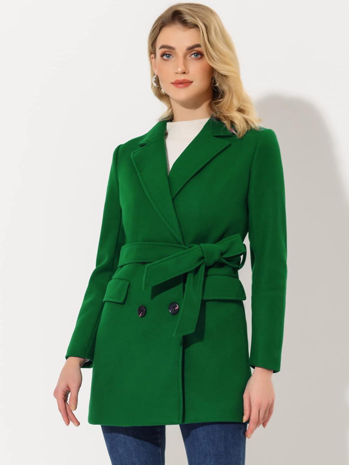 imageAllegra K Womens Notch Lapel Double Breasted Belted Mid Long Outwear Winter CoatDark Green