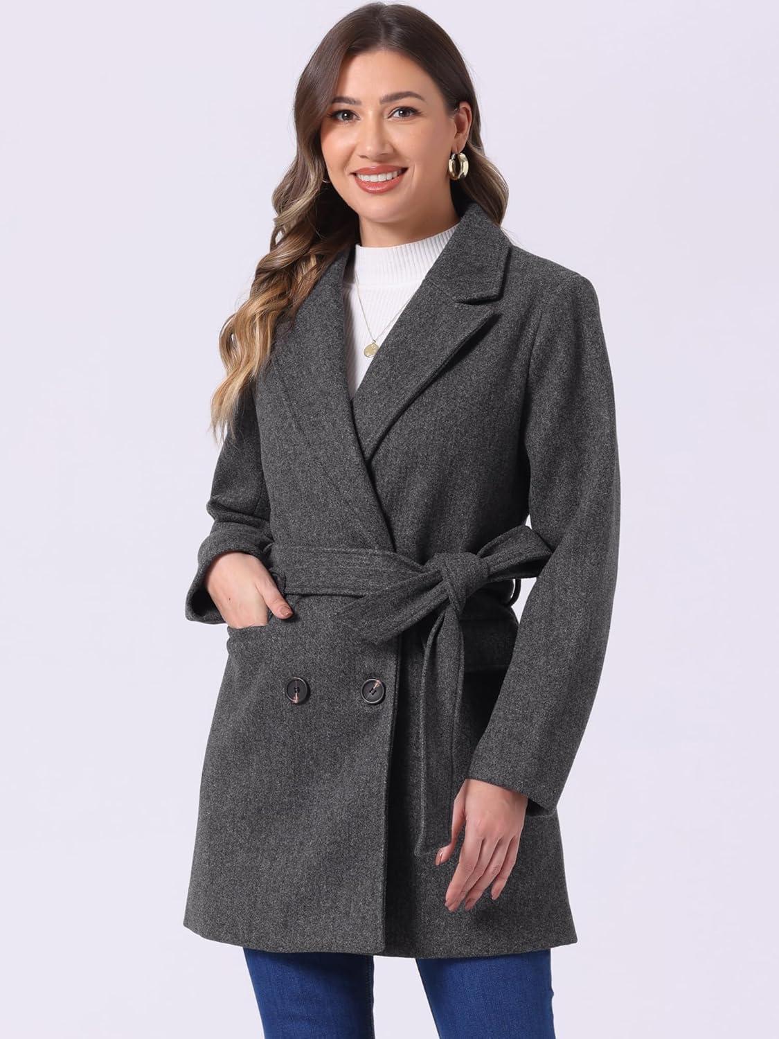 imageAllegra K Womens Notch Lapel Double Breasted Belted Mid Long Outwear Winter CoatDark Grey