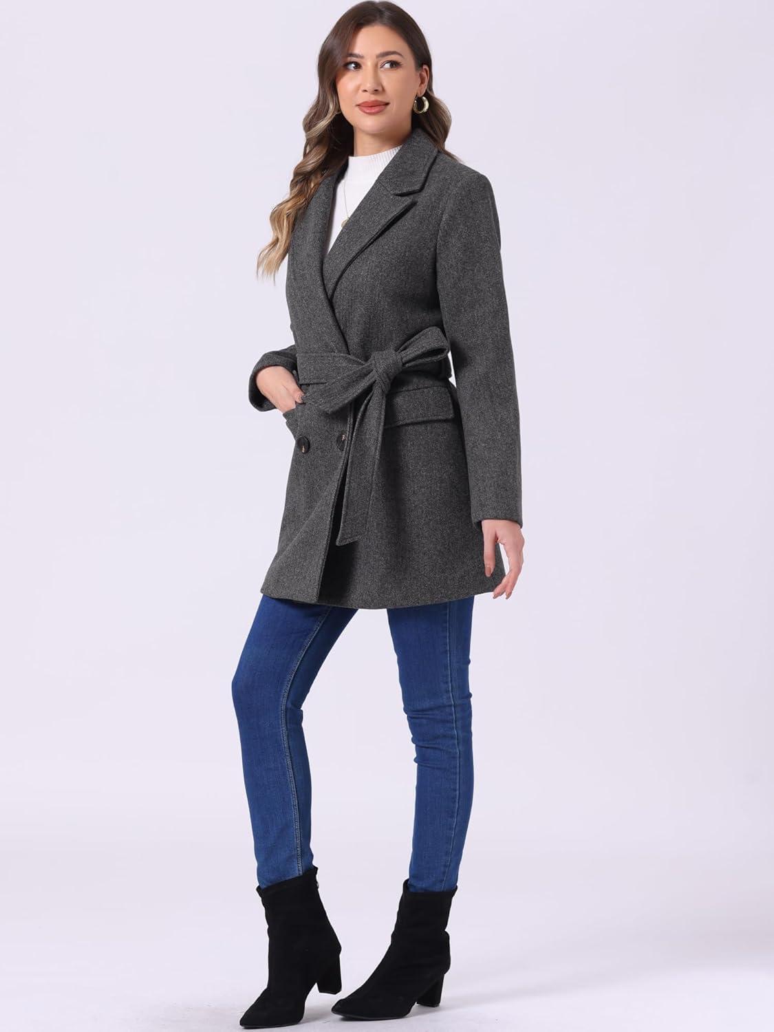 imageAllegra K Womens Notch Lapel Double Breasted Belted Mid Long Outwear Winter CoatDark Grey