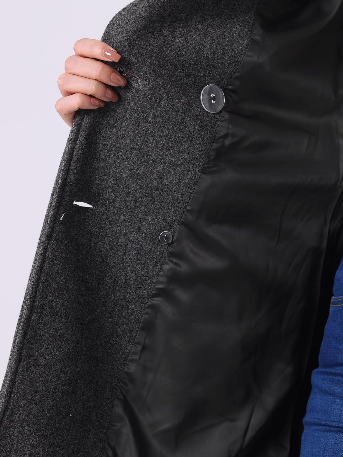 imageAllegra K Womens Notch Lapel Double Breasted Belted Mid Long Outwear Winter CoatDark Grey