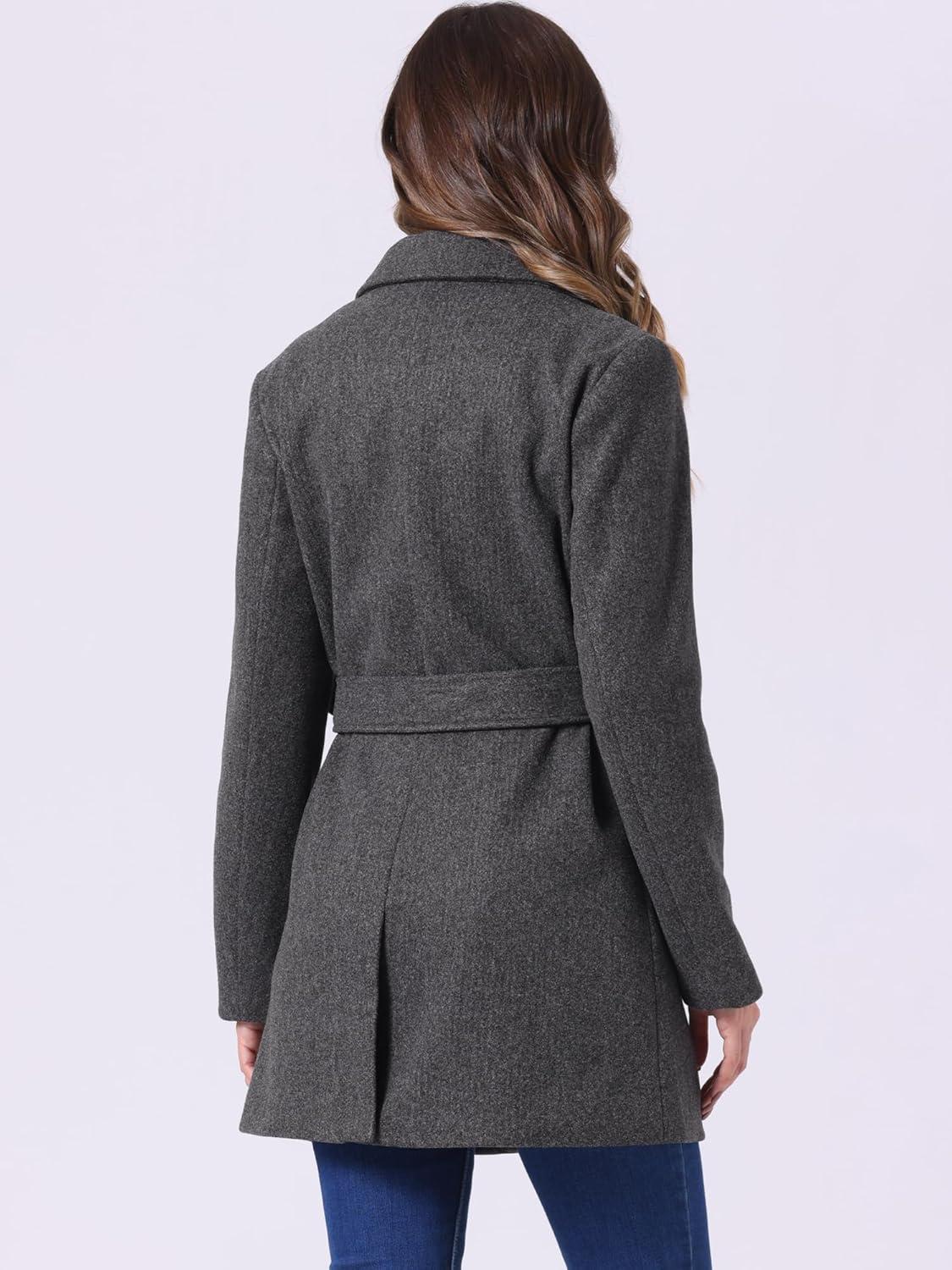 imageAllegra K Womens Notch Lapel Double Breasted Belted Mid Long Outwear Winter CoatDark Grey
