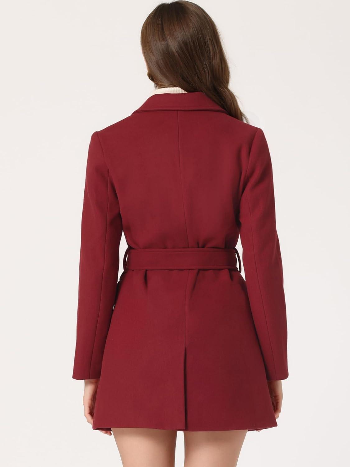 imageAllegra K Womens Notch Lapel Double Breasted Belted Mid Long Outwear Winter CoatDark Red