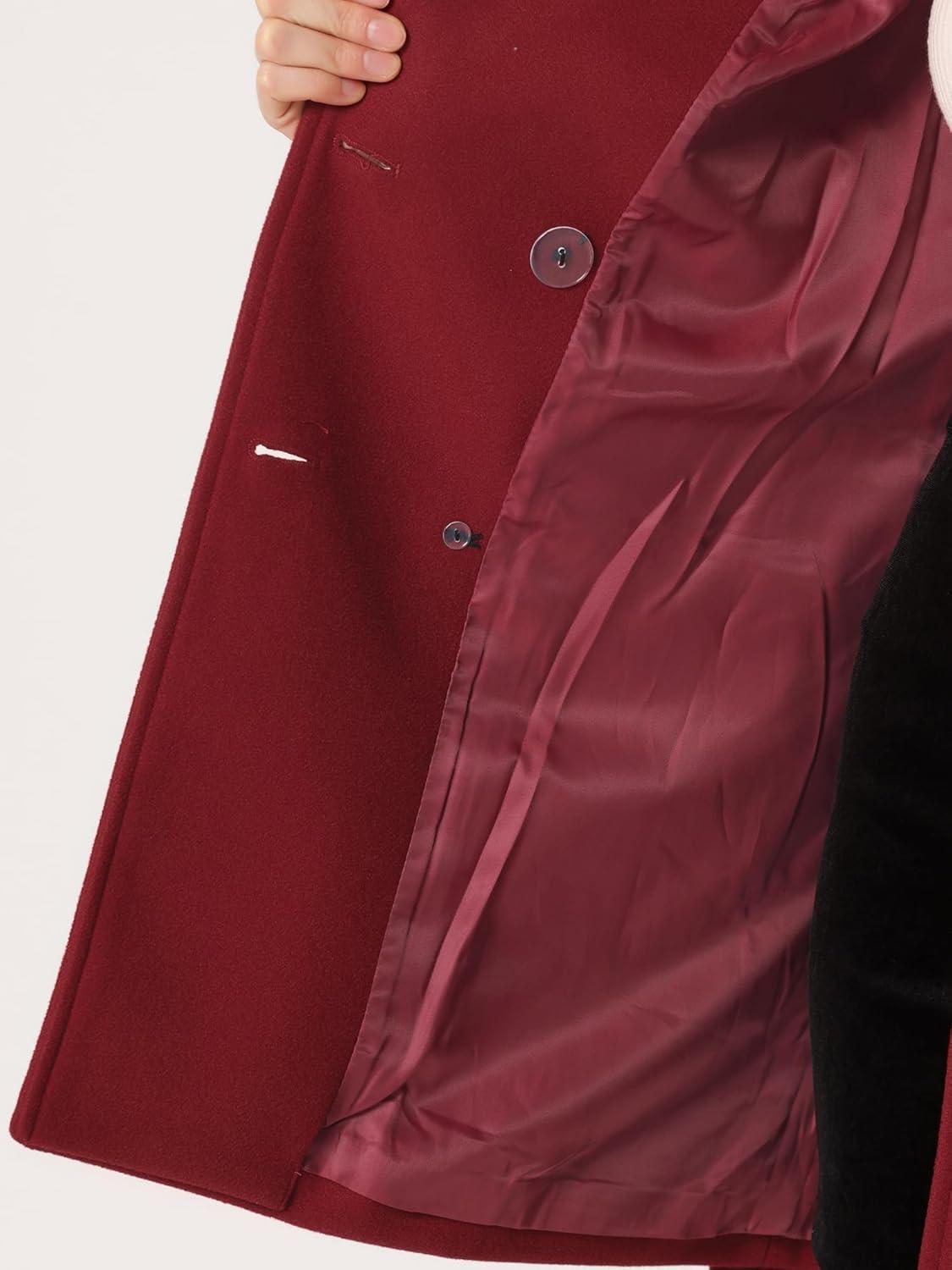 imageAllegra K Womens Notch Lapel Double Breasted Belted Mid Long Outwear Winter CoatDark Red