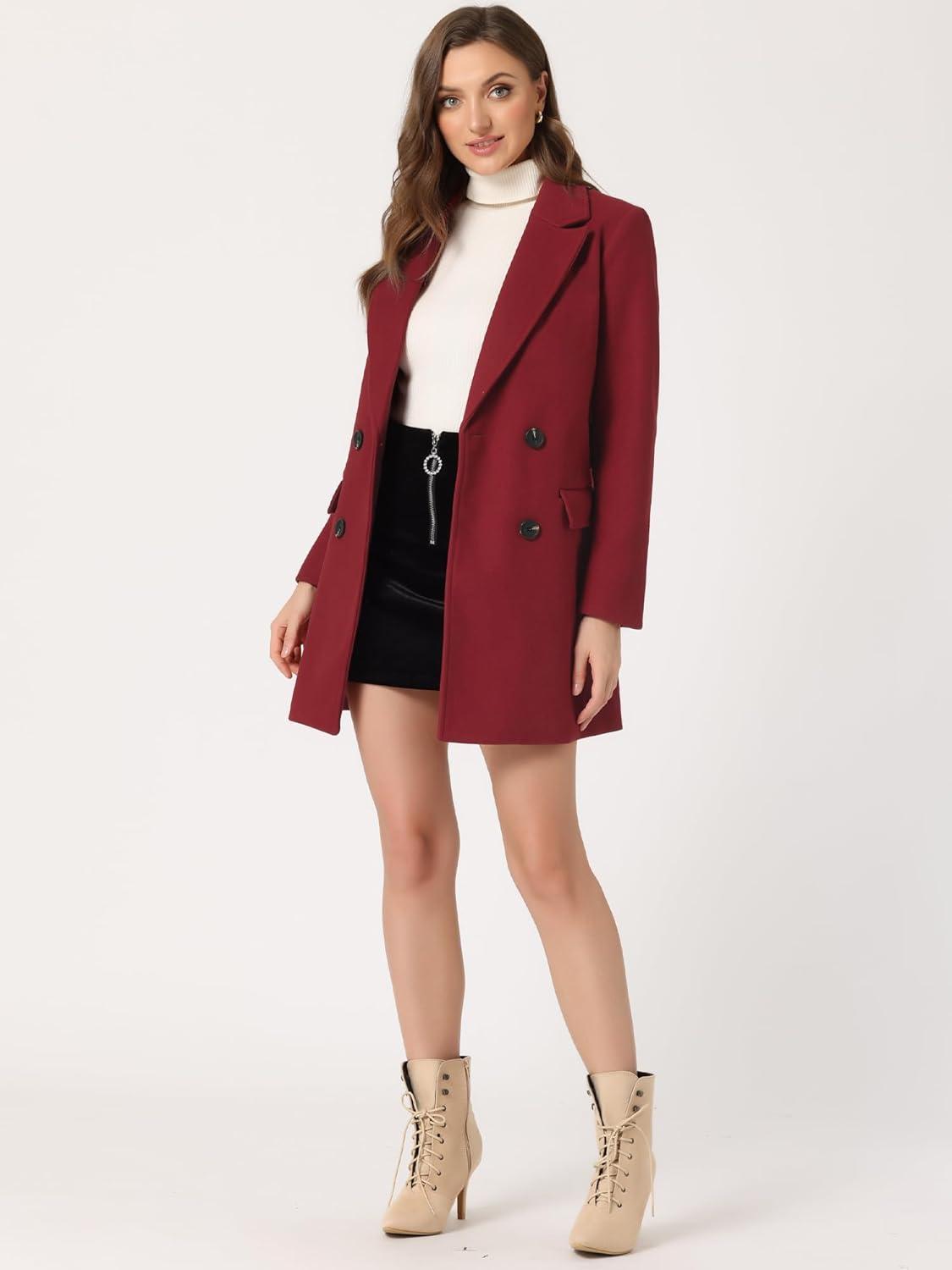 imageAllegra K Womens Notch Lapel Double Breasted Belted Mid Long Outwear Winter CoatDark Red