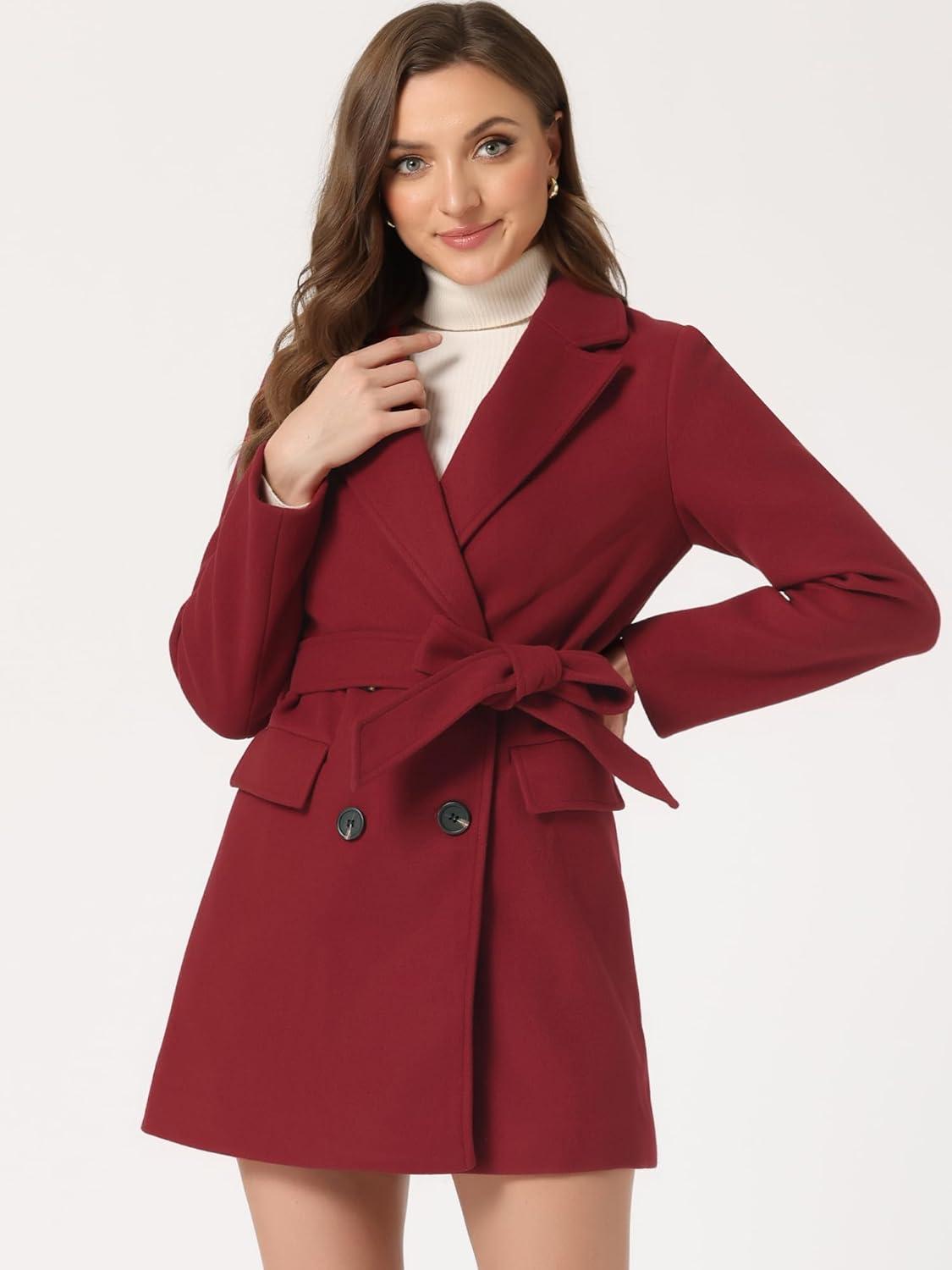 imageAllegra K Womens Notch Lapel Double Breasted Belted Mid Long Outwear Winter CoatDark Red