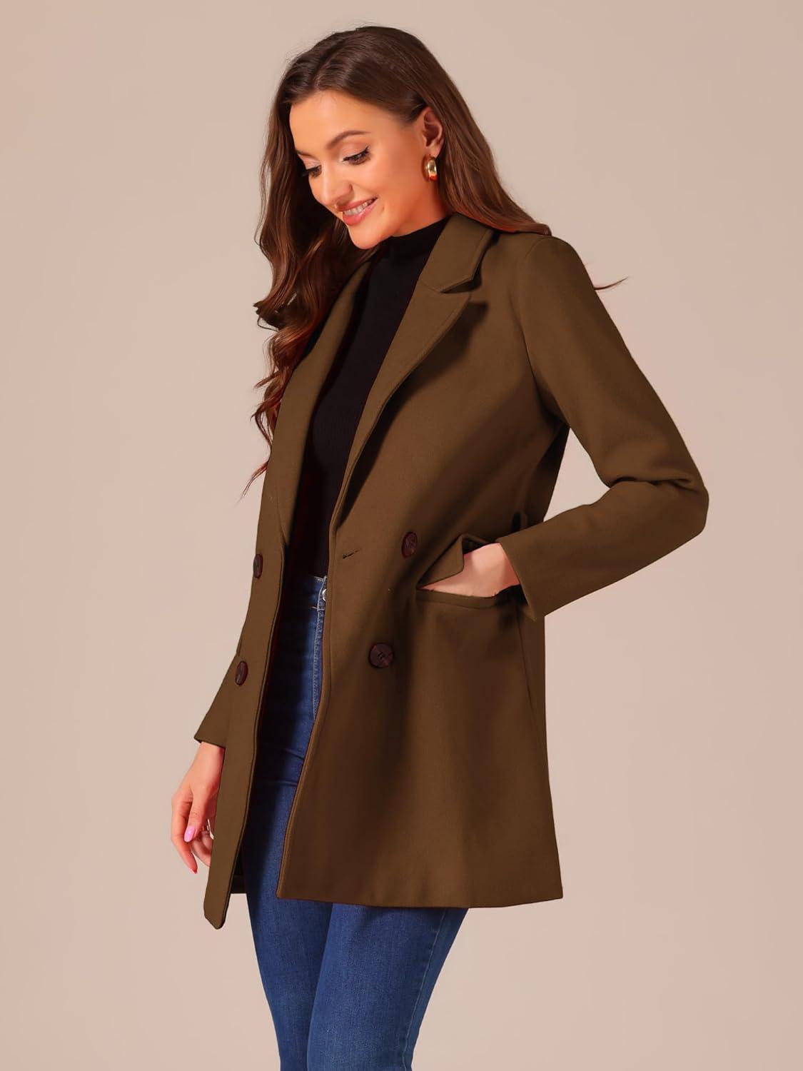 imageAllegra K Womens Notch Lapel Double Breasted Belted Mid Long Outwear Winter CoatDeep Brown