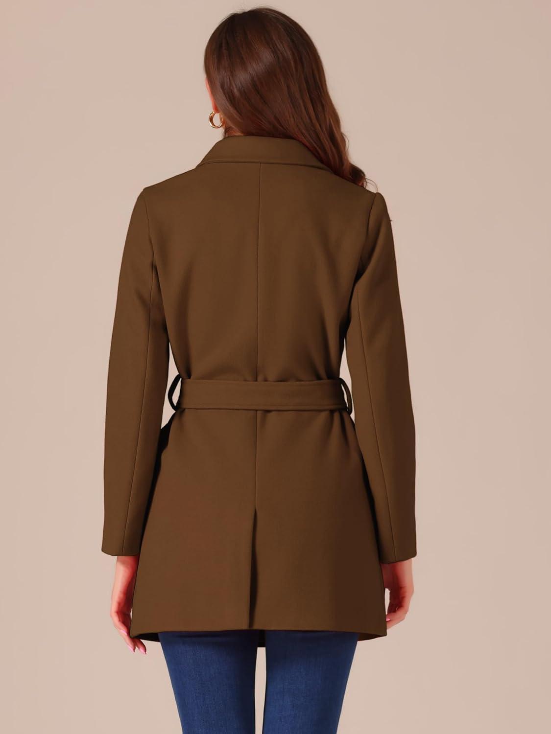 imageAllegra K Womens Notch Lapel Double Breasted Belted Mid Long Outwear Winter CoatDeep Brown