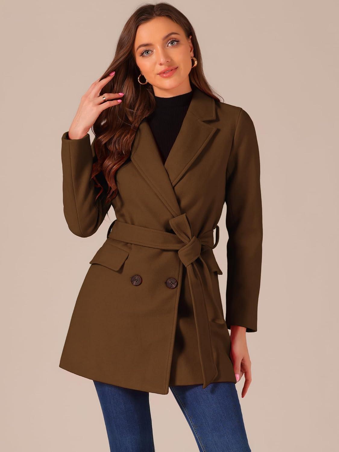 imageAllegra K Womens Notch Lapel Double Breasted Belted Mid Long Outwear Winter CoatDeep Brown
