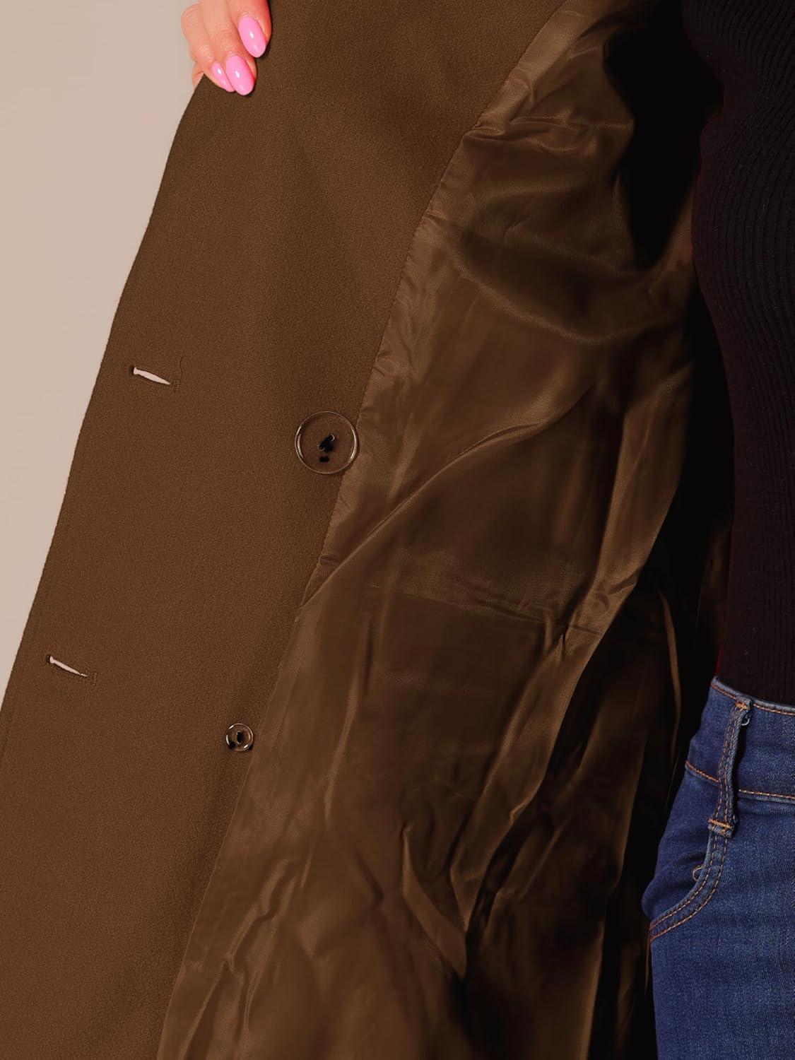 imageAllegra K Womens Notch Lapel Double Breasted Belted Mid Long Outwear Winter CoatDeep Brown