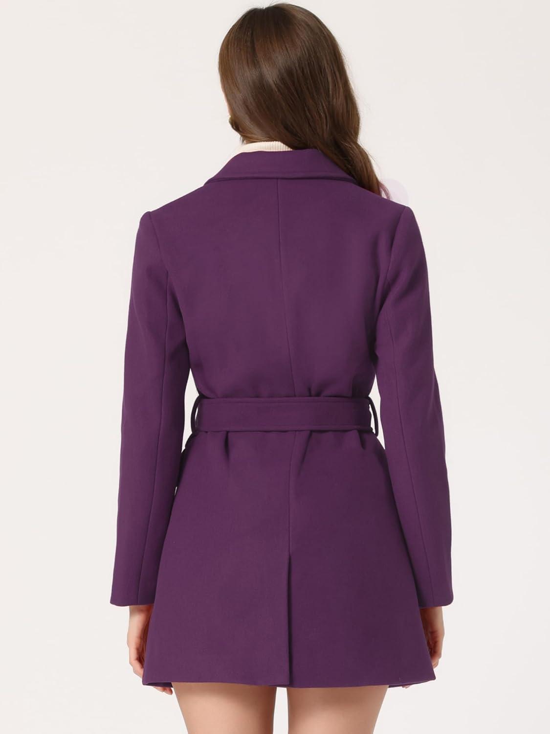 imageAllegra K Womens Notch Lapel Double Breasted Belted Mid Long Outwear Winter CoatDeep Purple