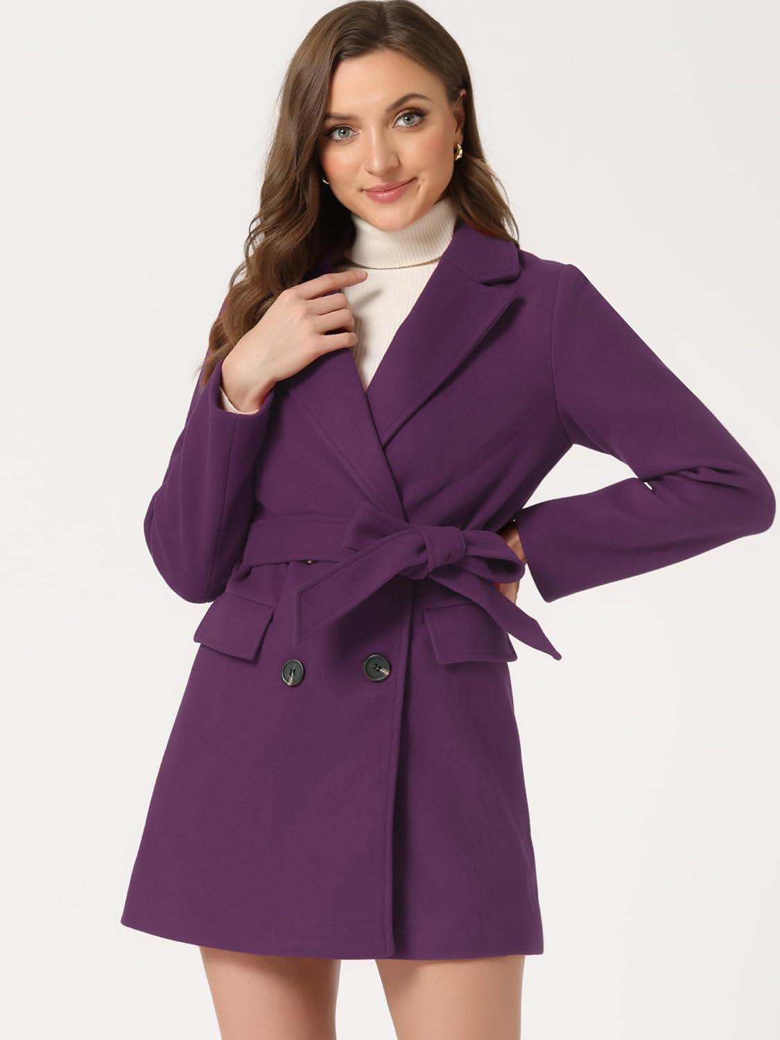 imageAllegra K Womens Notch Lapel Double Breasted Belted Mid Long Outwear Winter CoatDeep Purple